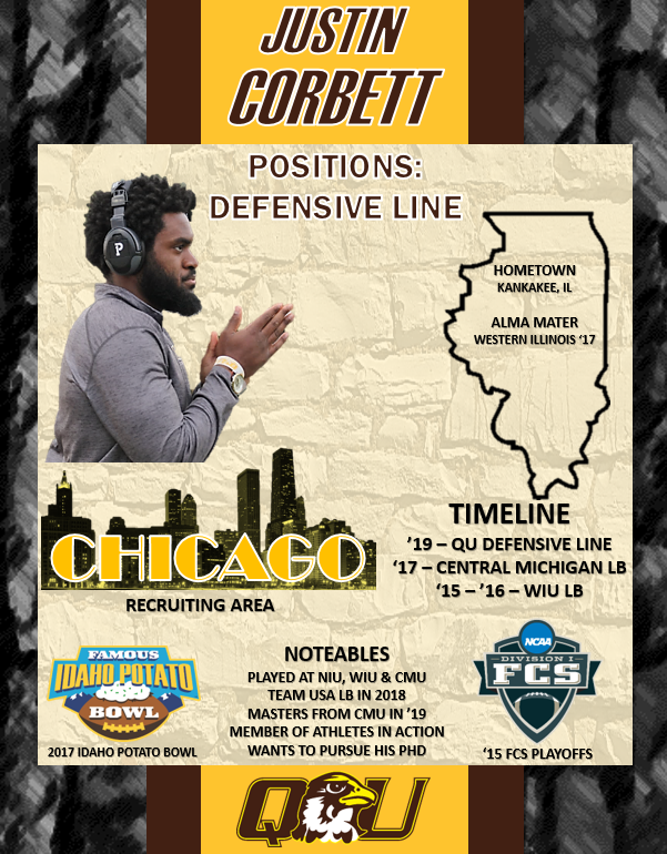 QUHawksFootball's tweet photo. Coaching the Defensive Line this fall, @CoachCorbettQU is a graduate of Central Michigan, spent time at Western Illinois and calls Kanakaee, IL home. He also played for Team USA in the spring of 2018! 21 days until #QUKICKOFF #PEWAV #FFF #RIGHTNOW https://t.co/xVZvST5Btu