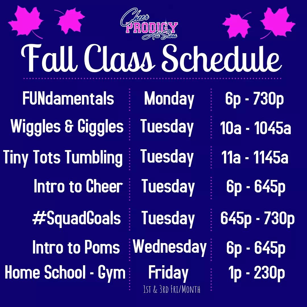 cheer4prodigy's tweet photo. 🍂🍁Our Fall Class Schedule has Arrived!  Register TODAY!
 ➡️ https://t.co/oT57Z1n6YK 

#cheerprodigy #itsfallyall #fallclasses #joinUS https://t.co/bWpLJpj18g