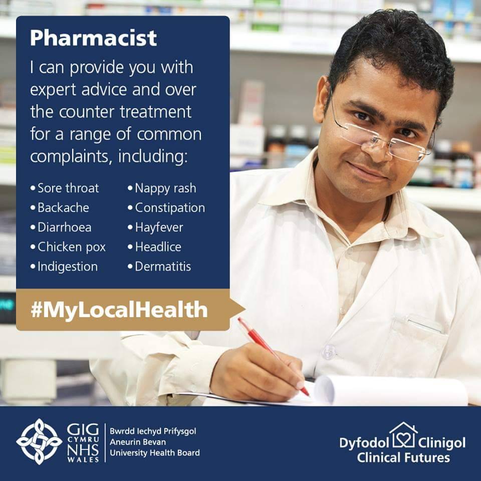 AneurinBevanUHB's tweet photo. Your local Pharmacist is a highly skilled professional who can see you without an appointment and treat you for a number of conditions and common complaints #ChooseWell #ChoosePharmacy #MyLocalHealth #clinicalfutures https://t.co/Srs8swVTAO