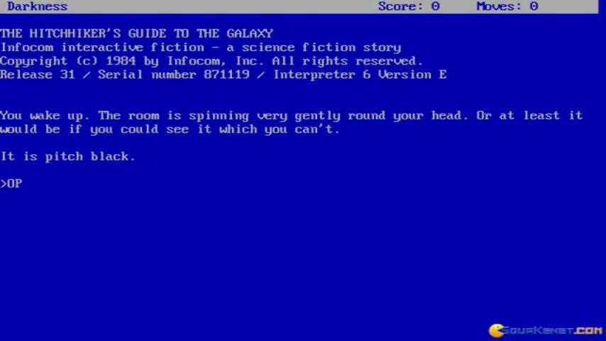 maymo77's tweet photo. @hockeyesque This was the version of Hitchhikers Guide to the Galaxy I recall reading first. So Ok Computer reference makes a lot more sense now. PC DOS early 1980s I believe. https://t.co/TwmQcpxYkD