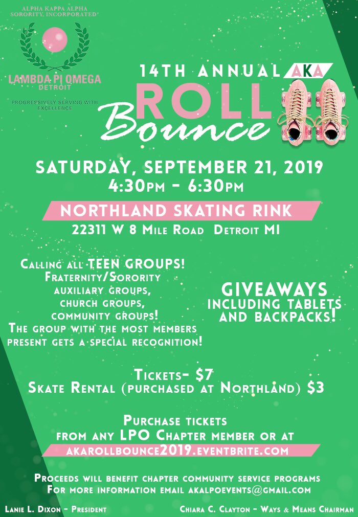 akalpo1908's tweet photo. Do you have your tickets to the hottest skating jam of the year?
THE AKA ROLL BOUNCE IS COMING SEPT 21st!
Tickets now available from any LPO chapter member or at https://t.co/ChHJfZ0cAv
#akalpo #northlandrollerrink #akarollbounce2019 #aka1908 #teengroups #detroit #rollerskating https://t.co/oAEo7fbD4W