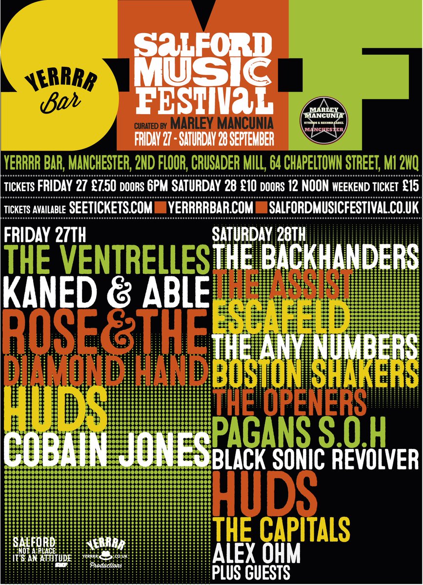 We're playing at @Salfordfestival on 28th Sept @yerrrrbar with... @TheBackhanders1 @TheAssistBand @escafeldband @TheAnyNumbers @BostonShakers @_HUDSBABY @Cobain_Jones @BSRevolver @rosediamondhand @the_pagans