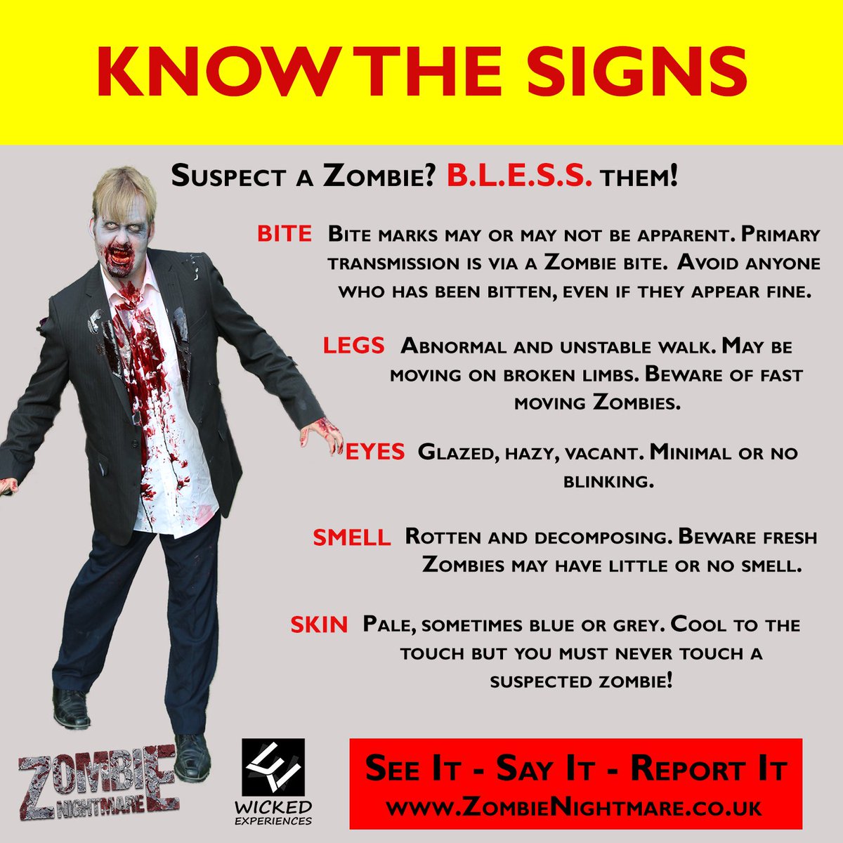 WckdExperiences's tweet photo. ⚠️ Know the signs! ⚠️

Grab a ticket and BLESS a Zombie at the UK’s Best Zombie Experience!!

https://t.co/H3sRB35fdW

#chatham #crawley #romford #blackburn #hemelhempstead #brighton #bristol #swindon #royalleamingtonspa #zombienightmare #zombiesurvival #zombieexperience #zombies https://t.co/WWwN5NrTjQ