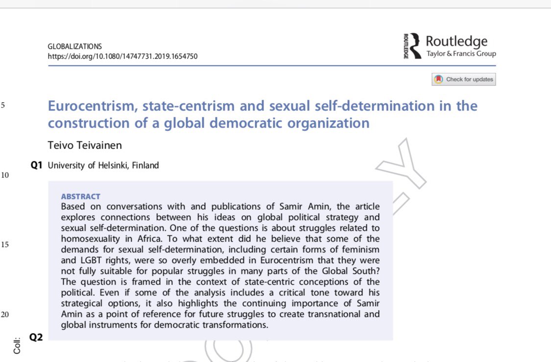 TeivoTeivainen's tweet photo. To what extent can #feminism, LGBT rights and sexual self-determination be #Eurocentric? My reflextions on #SamirAminβs legacy explore this. Soon out in @GlobalizationsJ, also in Journal of World-Systems Research and Pambazuka News #lgbt #worldsystems https://t.co/AzR5CUYBAC