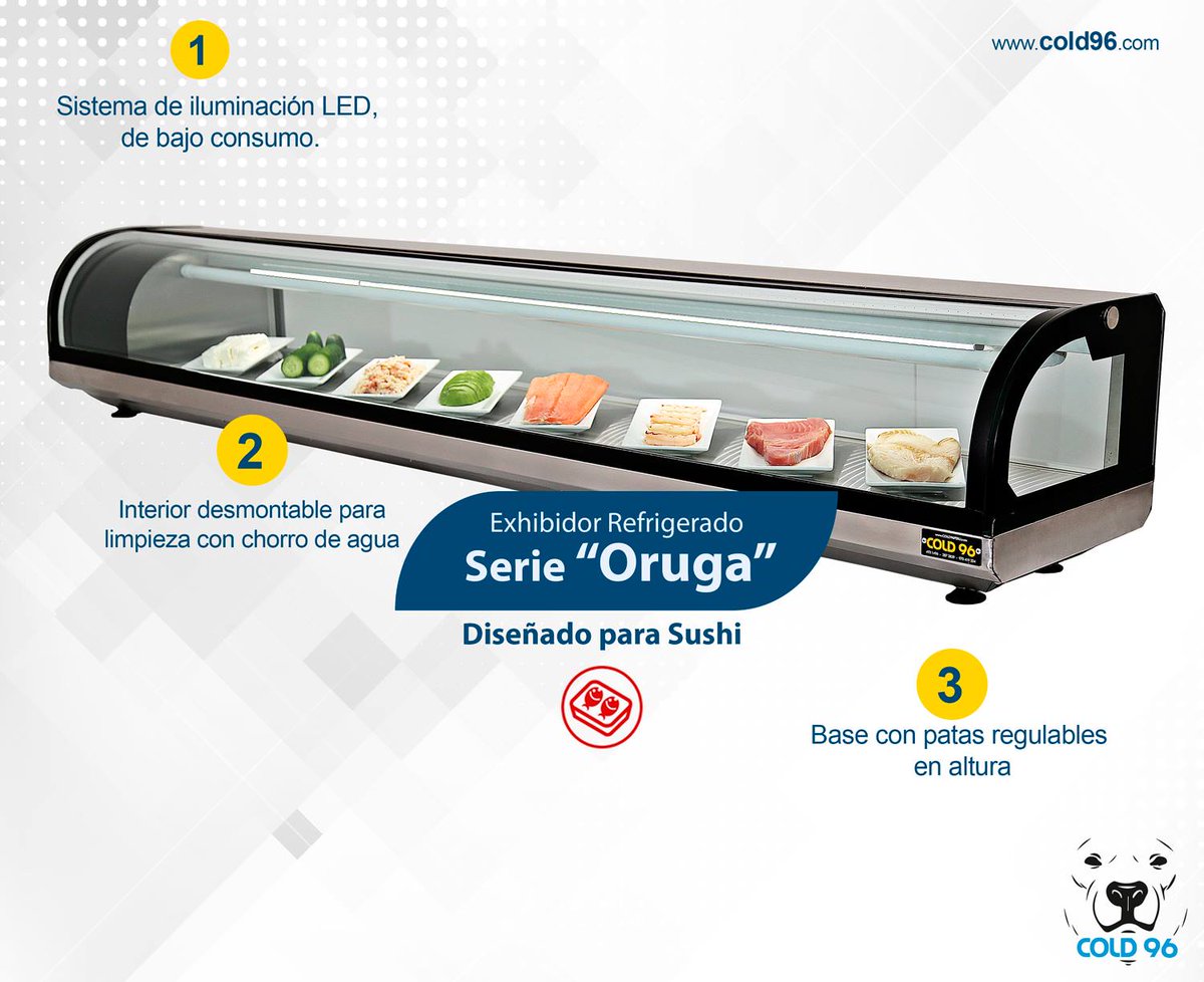 Cold96peru's tweet photo. #ModeloOruga #Cold96 #ExhibidoresRefrigerados #Sushi #EquiposCold96 
A sido diseñado para exhibir productos como #Sushi. Ideal para barras o sobre mesa, tiene acceso con puertas traseras deslizables en acrílico desmontables, luz interior y control digital de temperatura 😉. https://t.co/58Hac6ayx2