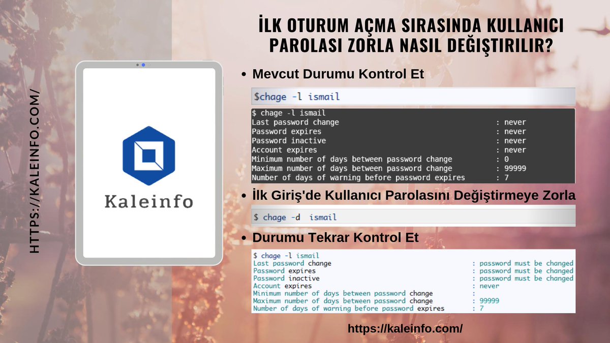 KaleInfoSec's tweet photo. İlk Oturum Açma Sırasında Kullanıcı Parolası Zorla Nasıl Değiştirilir? #user #change #password #force #linux #usermod #shadow #passwd #forcibly #security https://t.co/UWeNXfYSiF https://t.co/EEiiOpWIs6