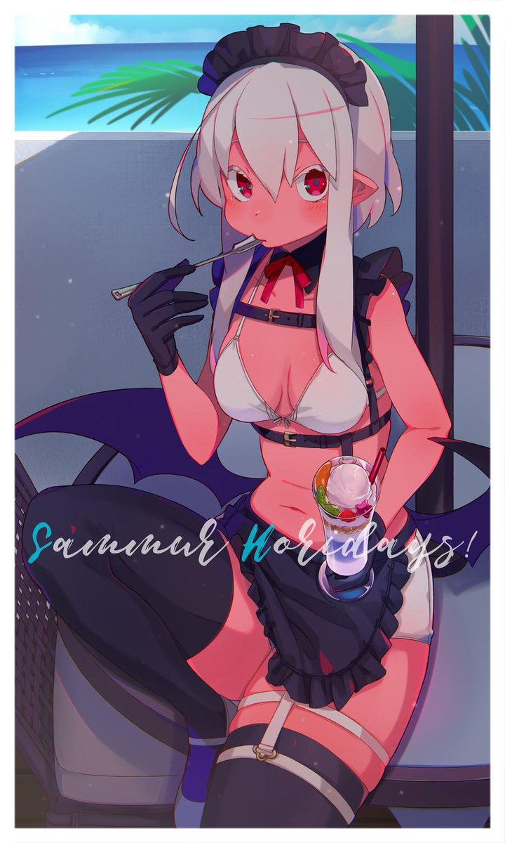 「ベールさんの前回のメイド絵からのメイド水着絵描けた。まかないパフェmogmog(」|塩街のイラスト