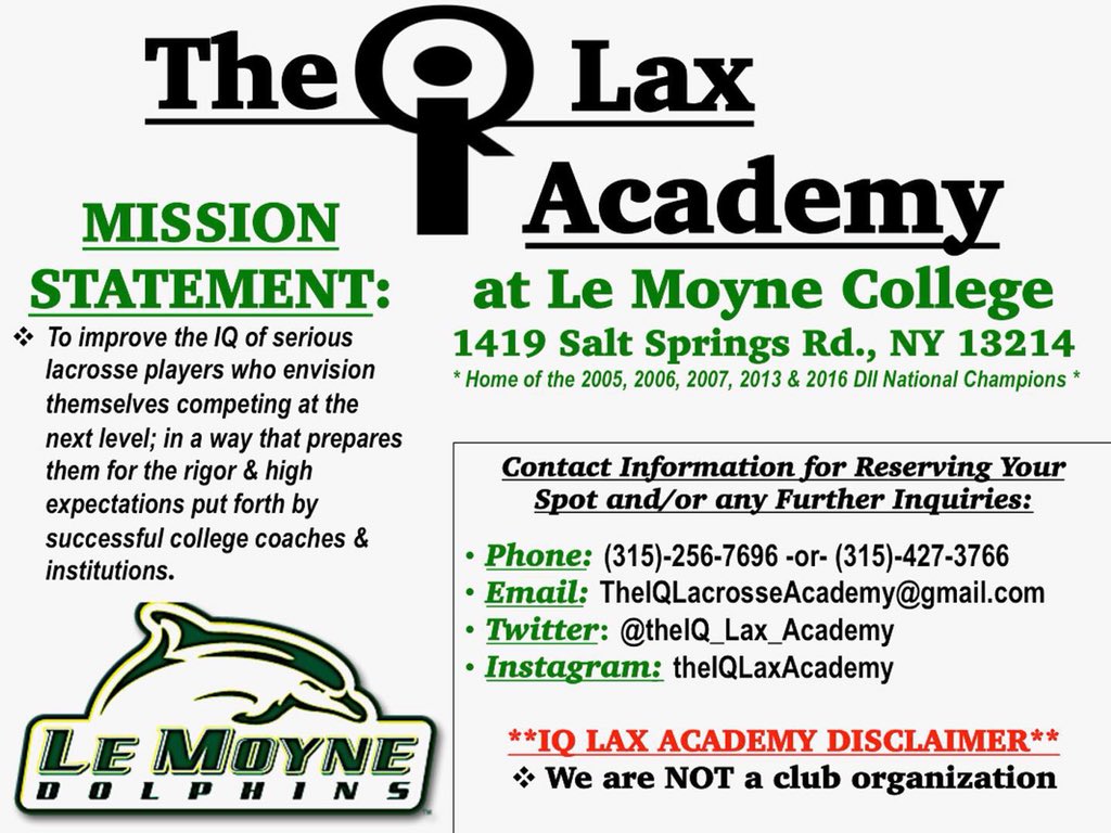 theIQLaxAcademy's tweet photo. The Le Moyne Men’s Lacrosse staff is excited to announce the launch of The IQ Lax Academy here on the Heights! 

@cnylacrosse @JustLacrosse #GetRecruited #TrainingCamp #DontGetOutWorked #GetBetter https://t.co/6F3FcV08PL