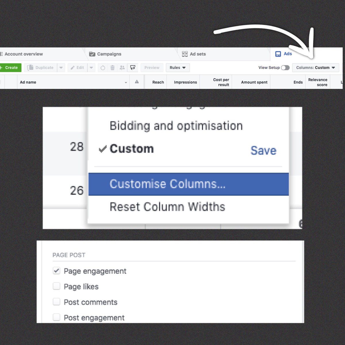 Gordonburcham's tweet photo. 📣 Customise your view in Ads Manager to check on your ads performance!

▪️ Go into your main dashboard, you will see the Columns section, click on the dropdown.

▪️ Scroll down to where it says customise your column, you will see a whole list of options that you can tick. https://t.co/TnKEqOyETB