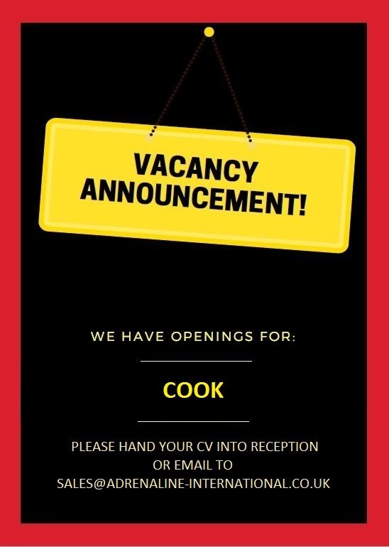 Please note we have a vacancy for a Cook, please apply within