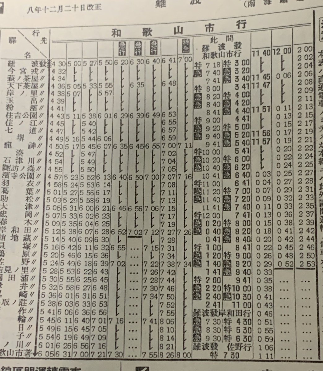 米澤光司 Beのぶ 歴史バガボンド בטוויטר 昭和9年時刻表より 南海鉄道 当時 本線の時刻表 特急 急行ともに基本的な停車駅 は今とそれほど変わりませんが 急行は住吉公園 特急は浜寺公園に全車停車していたのが大きな違いですね 南海電車 戦前の時刻表