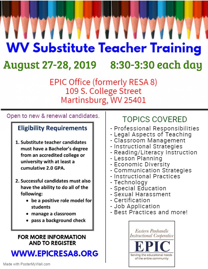 RESA_8's tweet photo. There are still a few seats open in our next WV Substitute Teacher Training class, which will be held on August 27-28 in the Martinsburg office. Classes run from 8:30-3:30 each day and are open to new and renewal candidates.  For more information, visit https://t.co/6kXM57s9Bj https://t.co/A3IFcmB1Az