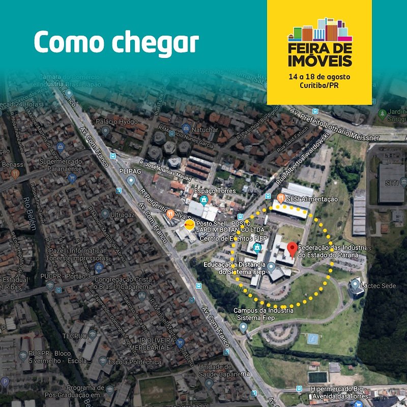 A <a href="/feiraimoveispr/">Feira Imóveis Paraná 2021</a> acontece no Centro de Eventos FIEP, no Jardim Botânico, em Curitiba. Próximo ao Big da Av. das Torres, Espaço Torres Eventos e restaurante Habib's. Quem vir para a feira guiado pelos apps Waze ou Google Maps pode buscar direto por "Feira de Imóveis do Paraná".