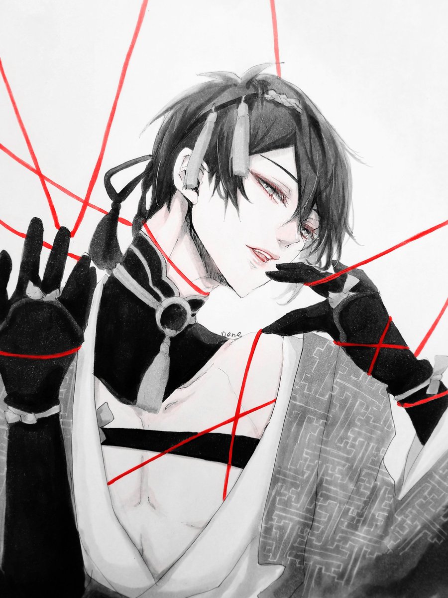 三日月宗近(刀剣乱舞) 「#モノクロにするとカッコ良く見える魔法がかかる
モノクロも好きだけど、赤だけ残る」|ねねのイラスト