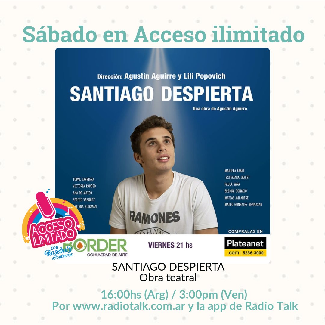 Accesoradiook's tweet photo. Siempre el teatro independiente tiene su lugar en el programa.
Hoy nos visitará @lilipopovich para hablarnos de #SantiagoDespierta 
La obra puede disfrutarse todos los viernes a las 21 en @TeatroBorder 
Encabeza el elenco @tupaclarriera96 https://t.co/rgezRrZHCV