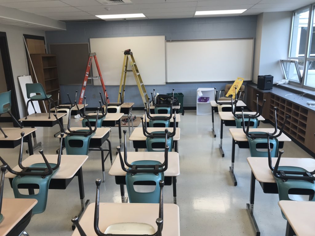 culbertson_mnsd's tweet photo. Desks, chairs and cabinets are being returned to the classroom.  All classrooms have a cork board located outside of the rooms in the hallway. New floors look great!  The new bus loop is also taking shape. @MarpleNewtownSD https://t.co/Tb83iMeZWE