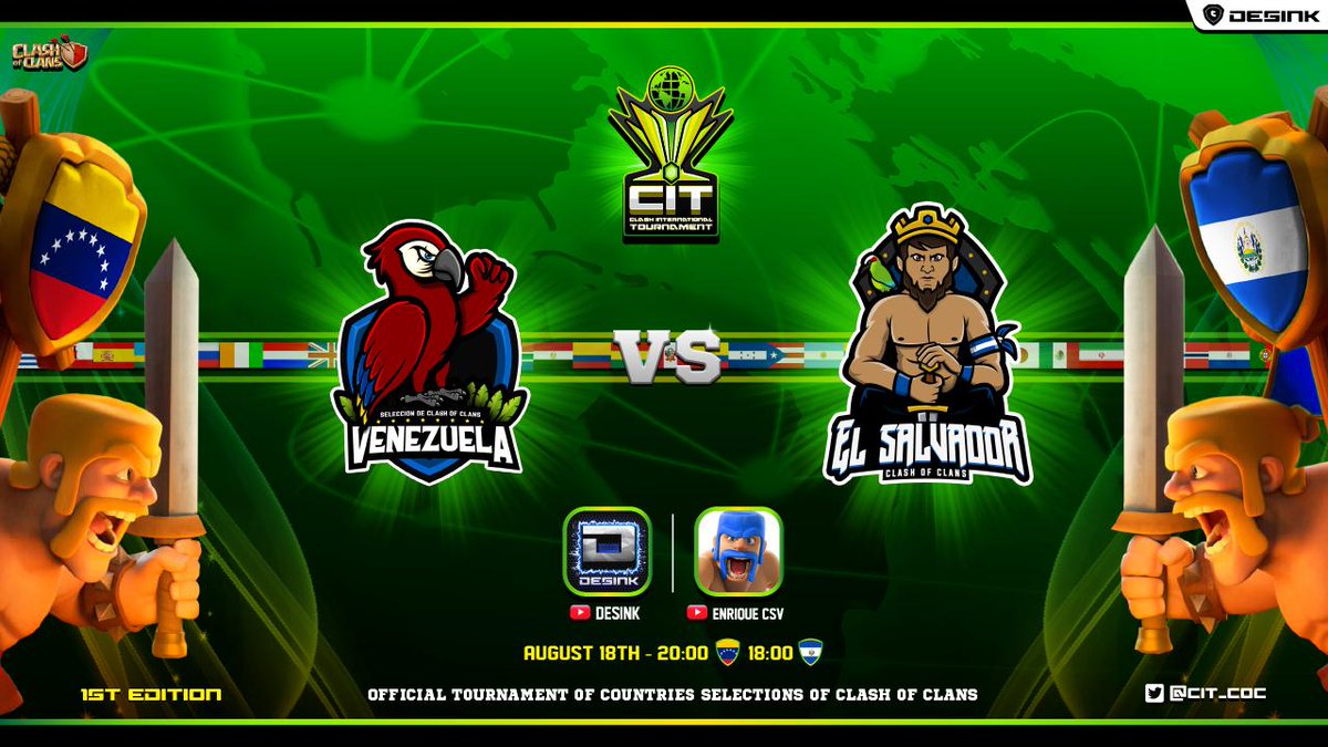 ¡CUARTOS DE FINAL EN EL TORNEO <a href="/CIT_COC/">CLASH INTERNATIONAL TOURNAMENT</a>!

🤼‍♂️ <a href="/SelecElSalvador/">Selección Salvadoreña de CoC</a> 🇸🇻 vs <a href="/SelecVZLACoc/">Selección Venezolana COC</a> 🇻🇪
🗓️ Domingo 11 de Agosto de 2019 
📺 ¡EN VIVO! a través de mi canal: goo.gl/kQnqHc   
⏰ 6pm hora de El Salvador

¡DUELO A MUERTE SÚBITA! ¡LOS ESPERO!😎