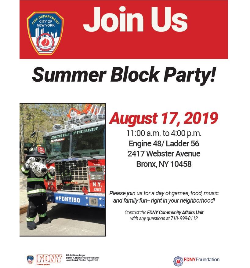 FDNY's tweet photo. Join us TODAY at the #FDNY Block Party in the #Bronx! Join us at #Engine48 and #Ladder56 at 2417 Webster Ave from 11am-4pm. See a full list of Summer Block Party dates + locations at https://t.co/knqexVdQef https://t.co/WyGTI2lbad