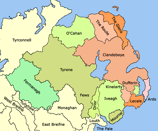 Tyrone/Tír Eoghain, "Land of Eoghan" was a kingdom & later earldom of Gaelic Ireland. Eógan mac Néill who it's named after, was a son of Niall of the Nine Hostages, who settled there in 5th C. Becoming popular as 1st name. : 15-16th C map : Co Tyrone in present.