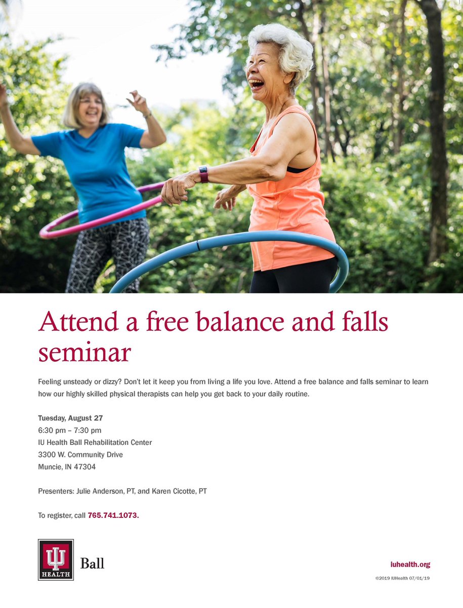 IUHealthECR's tweet photo. Feeling unsteady or dizzy? Don’t let it keep you from living a life you love. Attend a free balance and falls seminar on August 27 to learn how our highly skilled physical therapists can help you get back to your daily routine. https://t.co/R5X5NBNnHQ