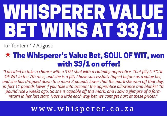whisperermatt's tweet image. 33/1 VALUE BET WINS WELL AND CONTINUES OUR TOP RUN OF FORM! #value #formanalysis #soulofwit #bigvalue whisperer.co.za