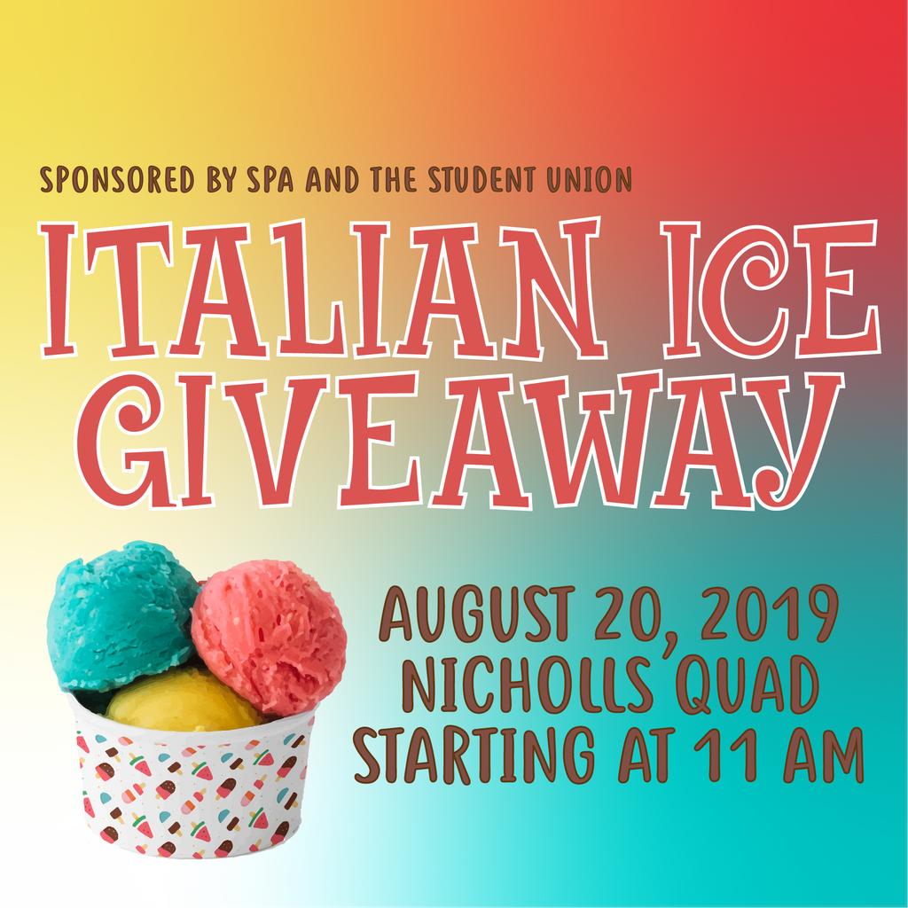 nicholls_spa's tweet photo. Looking for a sweet treat between classes? Swing by the Quad and grab your FREE Italian ice treat and meet your SPA members and Student Union staff! #nichollsspa #colonelfest https://t.co/17LAn9WL3D