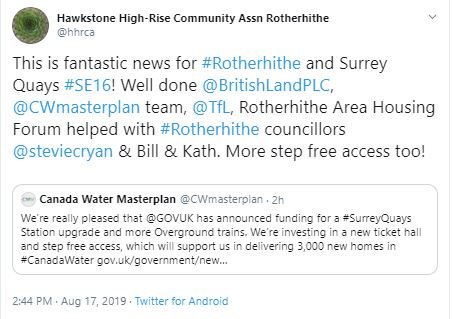 CanadaMayflower's tweet photo. Our #Rotherhithe neighbours are getting a new entrance + finally step free access at #SurreyQuays stations after all these years! Hopefully improvements at #CanadaWater #SE16 station too... https://t.co/roq6BrkhLf