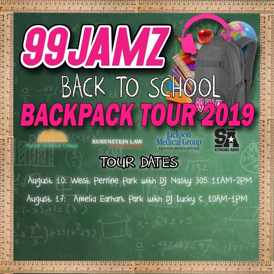 99JAMZ's tweet photo. Pull up to Amelia Earhart Park today and hang out with @DJLuckyC from 1p to 5p for our #BackpackTour! Free school supplies, raffles and more...See you there! #LookOutCookOut #BackpackTour2019 #99JAMZ #WEDR https://t.co/byt3nqhWbn