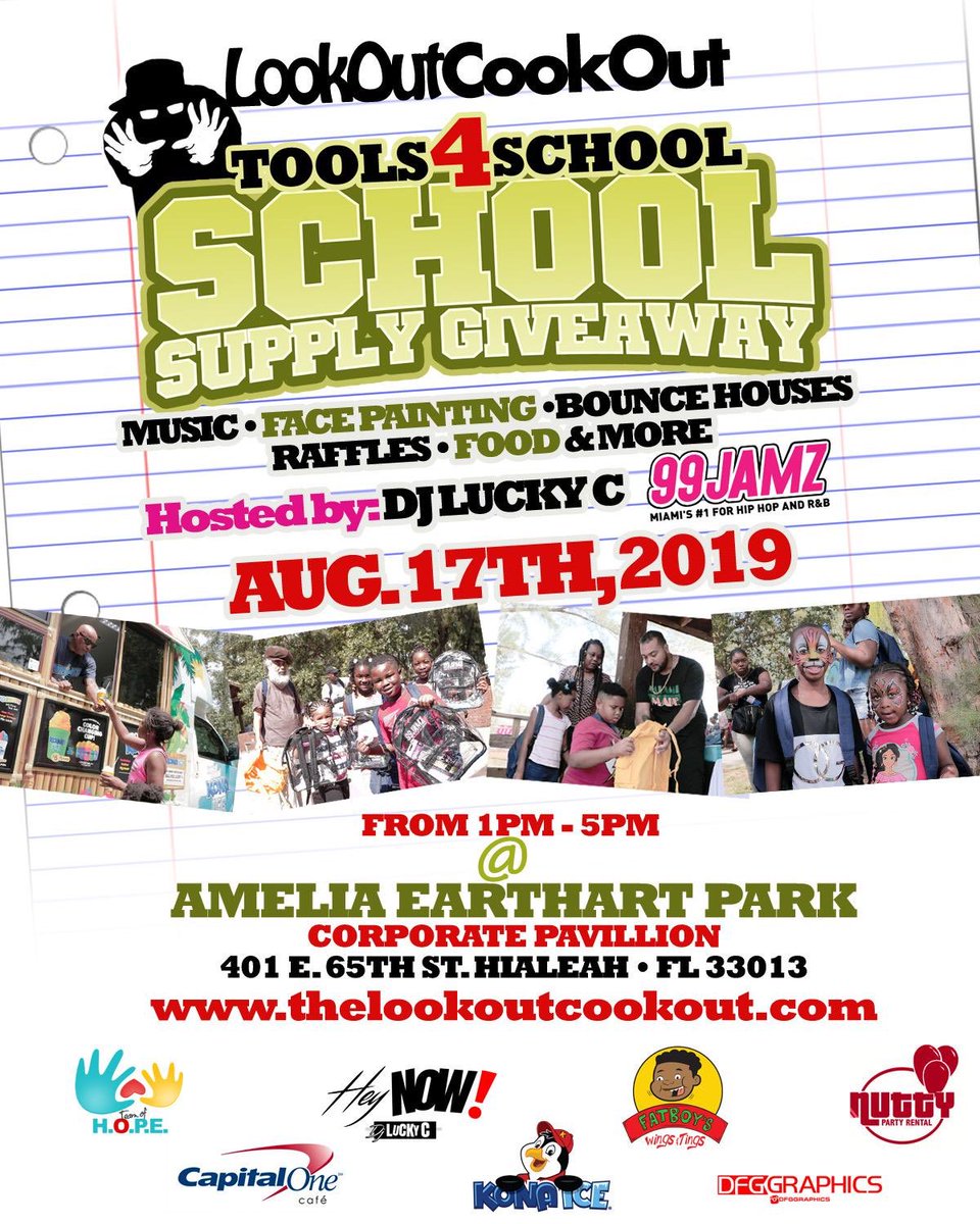 99JAMZ's tweet photo. Pull up to Amelia Earhart Park today and hang out with @DJLuckyC from 1p to 5p for our #BackpackTour! Free school supplies, raffles and more...See you there! #LookOutCookOut #BackpackTour2019 #99JAMZ #WEDR https://t.co/byt3nqhWbn