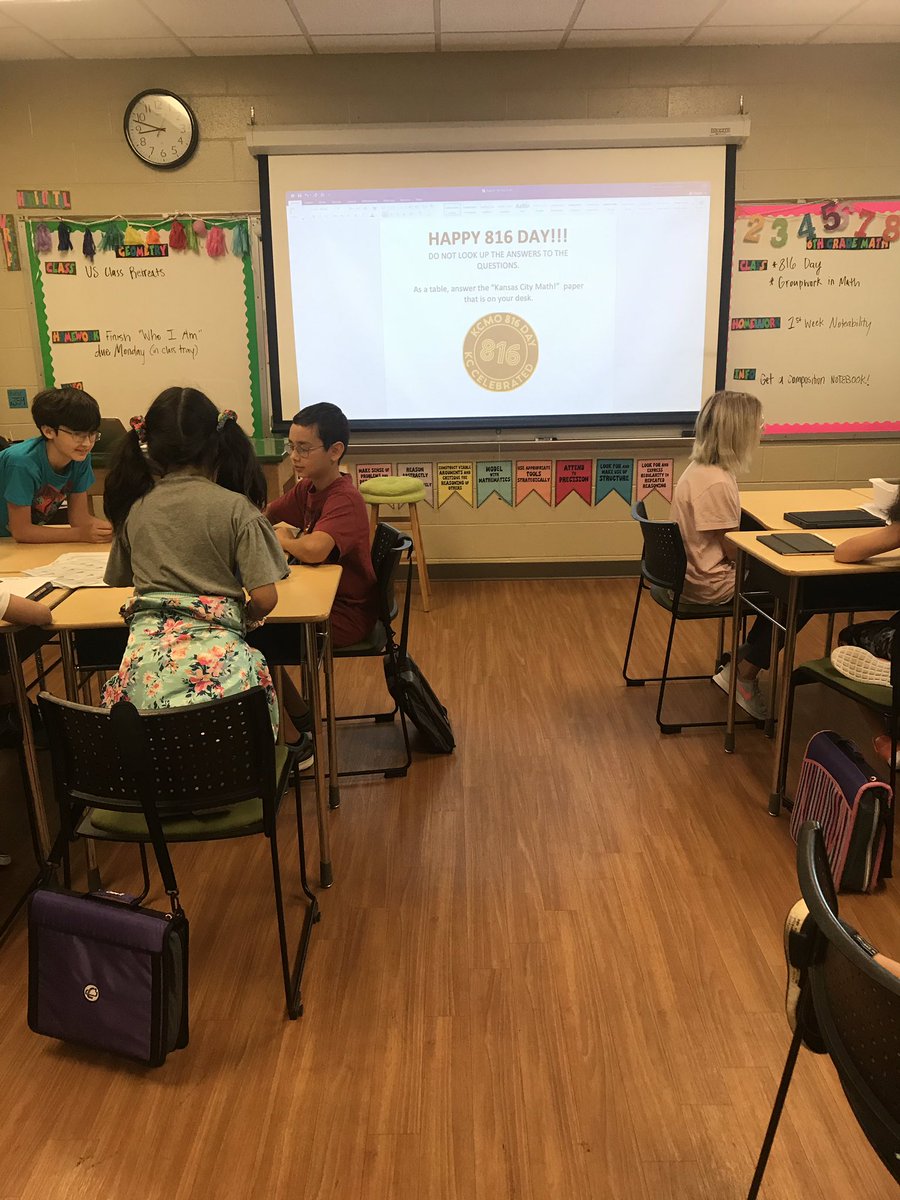emmceebe's tweet photo. The first two days of school @BarstowSchool were awesome! Geometry students worked on @mathequalslove 5-4-3-2-1 task, 6th graders solved @joboaler Four 4โs & we celebrated 816 day! Lots of mathematical thinking & discourse! #NumbersRock #BarstowProud https://t.co/vOOFrATUIt