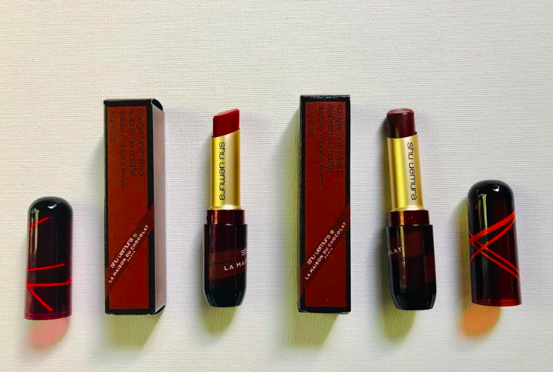 Today's decadent beauty giveaway is this pair of shu uemura collector matte lipsticks in "Deep Cranberry" and "Deep Cherry". (they even smell of chocolate). To enter, follow <a href="/davelackie/">dave lackie</a> &amp; RT
