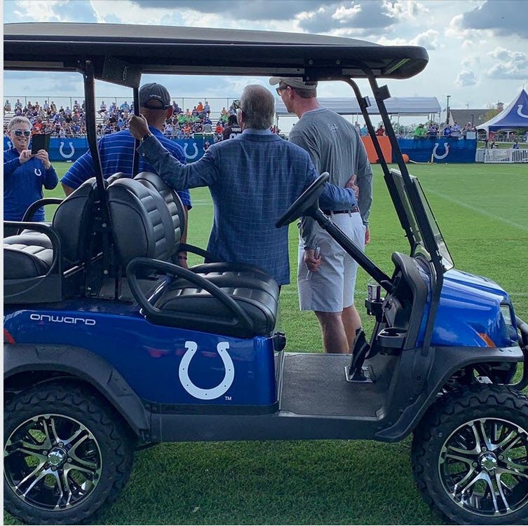 clubcar's tweet photo. They may not be your team, but the @Colts have the right idea when it comes to on-field transportation. Oh, hi #peytonmanning
#clubcar #liveonward #speedblue https://t.co/xWRlfDXEt4