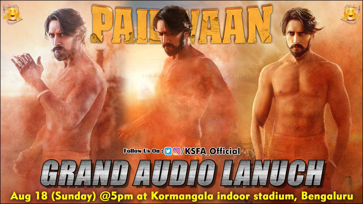 KSFA_Official's tweet photo. Finally.. The Audio Festival of much awaited #Pailwaan has arrived..😎
Get ready peeps.. Let's have some melodious blast Tomorrow at "Kormangala Indoor Stadium, Bengaluru" 🔥🎧
#PailwaanAudioLaunch ⚔️

@KicchaSudeep @krisshdop 
@iswapnakrishna @thepailwaan https://t.co/hdawRNCS1H