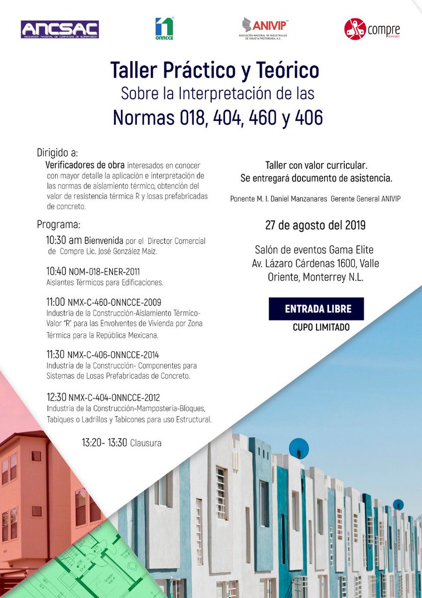 AncsacNL's tweet photo. Atención #Verificadores

#ANCSACNuevoLeón los invita al taller sobre interpretación de las normas 018,404,406 y 460.

Evento sin costó, pero con cupo limitado. Para su inscripción,enviar nombre completo a ancsacnuevoleon@gmail.com

*Solamente se abrirán 20 lugares para No socios. https://t.co/LzRpMNnVGf