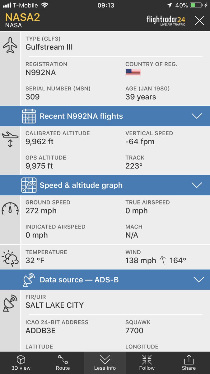 SLCScanner's tweet photo. #NASA2 Took off from #GTF Declared #Emergency after takeoff #Squawk7700 Aircraft: Gulfstream G-III
Reg: N992NA photos
Serial #: 309
Airline: United States - National Aeronautics and Space Administration https://t.co/ahtE1KzylO