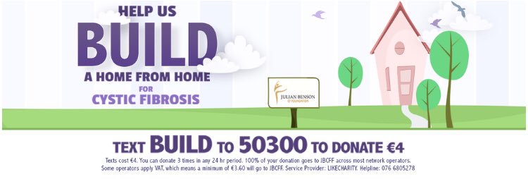 TheHarryMcC's tweet photo. Text BUILD to 50300 (Ts&Cs below) to help the amazing @JBCF_Foundation to provide a #HomeFromHome for those who live with #CysticFibrosis.
Each text cost €4, and 100% goes to the foundation. You can text 3 times in any 24hr period.
Please RT ❤️
#CF #CFAwareness #BUILD4CF https://t.co/E1s98Twaa0