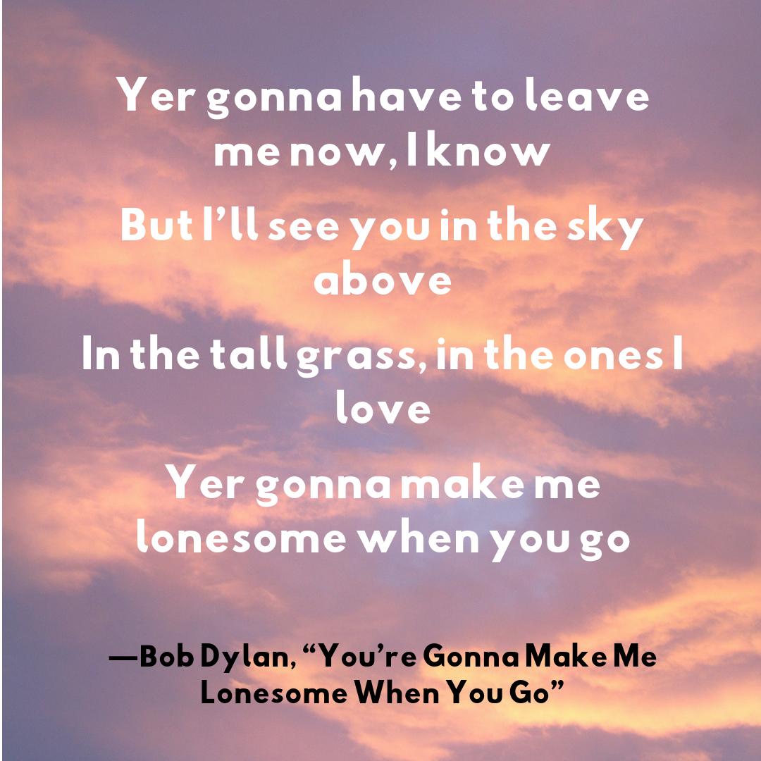 I’ll look for you in old Honolulu
San Francisco, Ashtabula
Yer gonna have to leave me now, I know
But I’ll see you in the sky above
In the tall grass, in the ones I love
Yer gonna make me lonesome when you go
#bobdylan #summerofdylan #dylanlyrics #byebyesummer @bobdylan