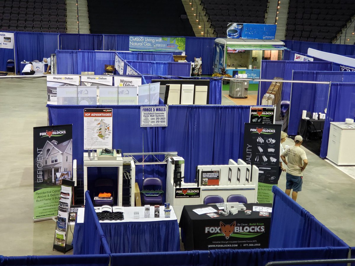 FoxBlocksICF's tweet photo. We're all set up and ready for a great home show in Pensacola. #FindFoxBlocks w/ @Force5Walls & @TrueGridPaver this weekend -- meet experts in resilient, fortified, storm & fire resistant concrete homes. Booth C69 & C56 at the Pensacola Bay Center. https://t.co/OsIl2Rwtir