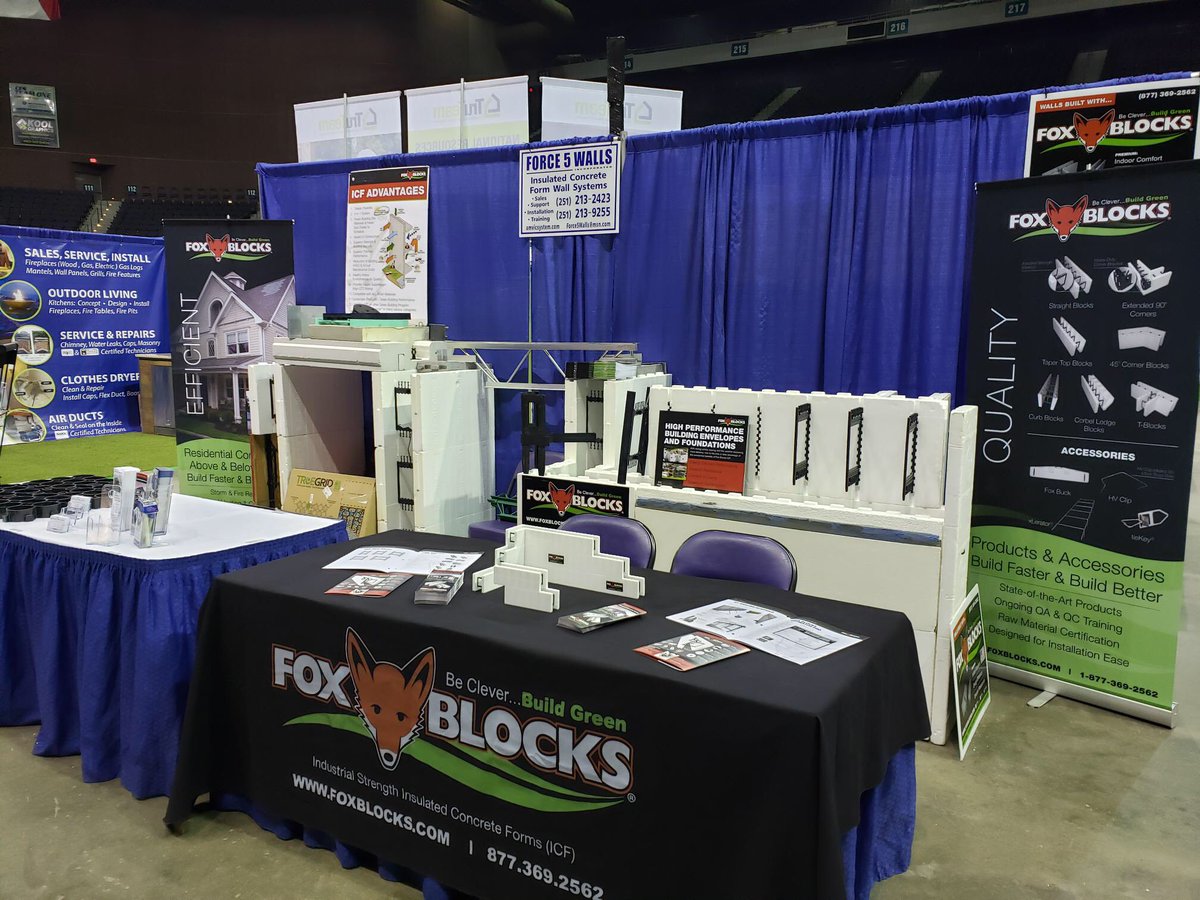 FoxBlocksICF's tweet photo. We're all set up and ready for a great home show in Pensacola. #FindFoxBlocks w/ @Force5Walls & @TrueGridPaver this weekend -- meet experts in resilient, fortified, storm & fire resistant concrete homes. Booth C69 & C56 at the Pensacola Bay Center. https://t.co/OsIl2Rwtir