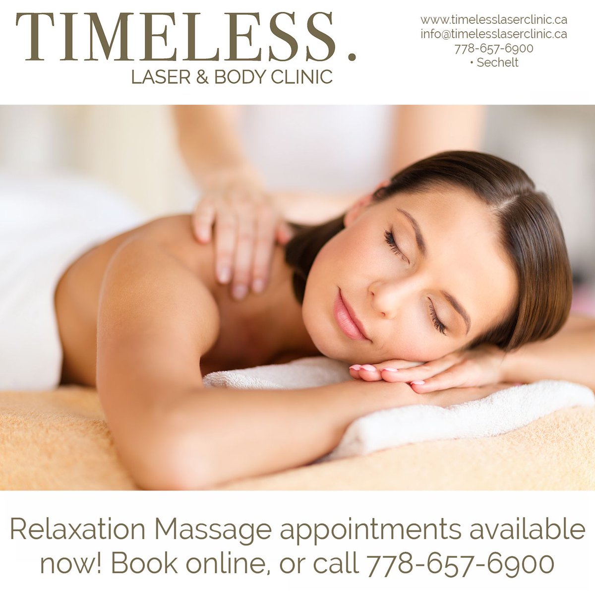 TimelessLaser2's tweet photo. Relaxation massage appointments available now! Call or book online.
#massage #relaxation https://t.co/U7sSrdCoYD