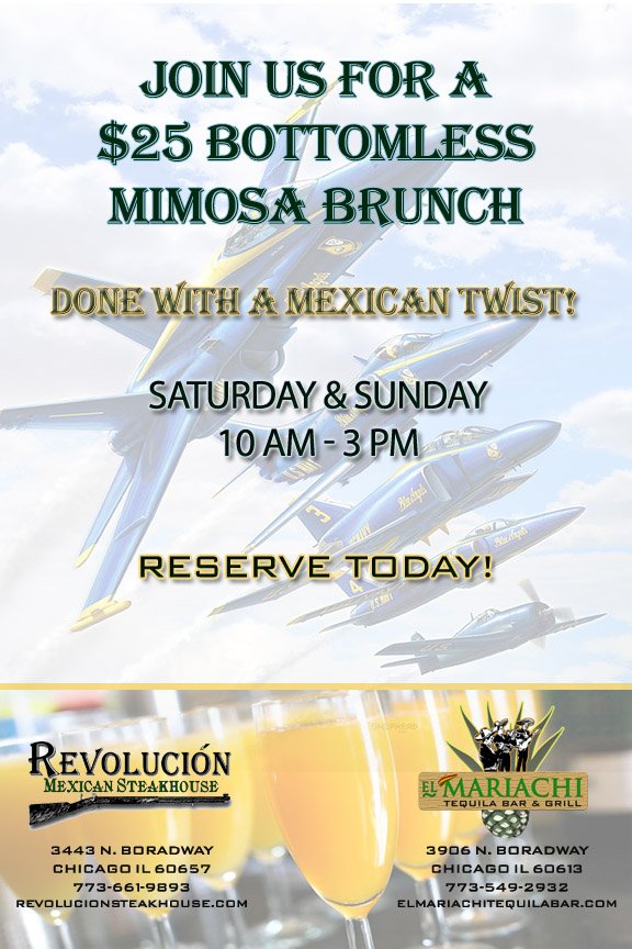RevolucionRest's tweet photo. Join us before the Air &amp; Water Show for a Bottomless Mimosa brunch Done with a Mexican Twist! Free-flowing Mimosas &amp; an entree from our Brunch menu are included! Reserve Today 773-661-9893 https://t.co/Mik3UKkkeU https://t.co/ttCv9NNKgI