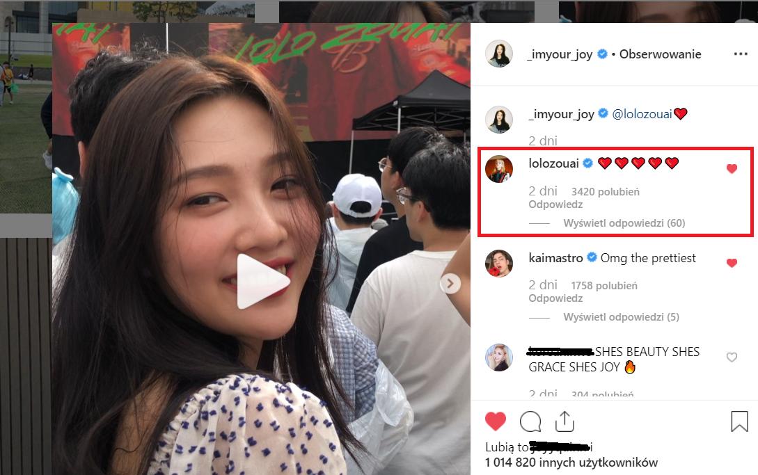 Lolo Zouaï followed Joy and commented her video on ig
