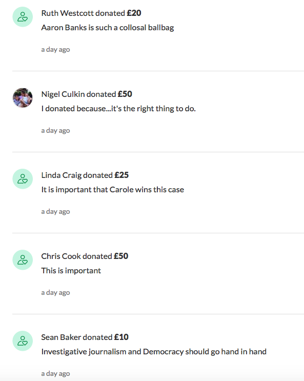 carolecadwalla's tweet photo. "Aaron Banks is such a colossal ballbag"  "Enough is enough" &amp; 10,318 other reasons why people have donated to the crowdfunder...now at a staggering £276k. THANK YOU. Genuinely moved &amp; gobsmacked. And very much hoping Banks reads the comments...

https://t.co/CeGowtGliZ https://t.co/y66NEqzl9W