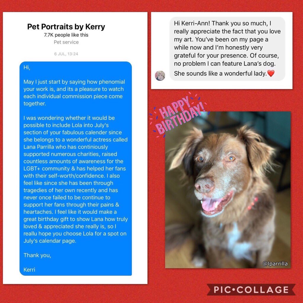 KerriAnnTrish's tweet photo. Heeyy @LanaParrilla, I'd like to show you the finished calender page for July 2020 featuring your gorgeous Lola. This was done in honour of your birthday on July 15th. #LoveAlways P.S: Hope you got my letter at #LFCC! 💘❤️💕 #EvilRegal #PetPortraitsByKerry https://t.co/OOQIZorzGI