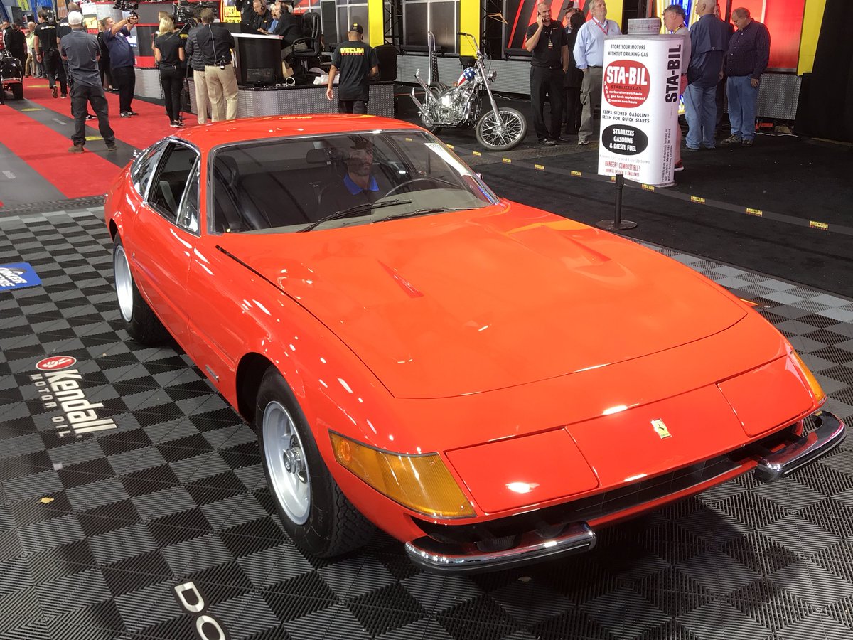mecum's tweet photo. This 1 of an estimated 5 Ferrari 365 GTB/4 Daytonas known to exist in Rosso Dino. 

It sold for a hammer price of $650,000!

Check out the full listing here: https://t.co/DxtIVTQAfo

#MecumMonterey #Monterey #CarWeek19 #Mecum #MecumAuctions #WhereTheCarsAre https://t.co/ZfMJH2Kdqb