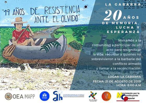 AscamcatOficia's tweet photo. LA GABARRA, 20 AÑOS DE MEMORIA, LUCHA Y ESPERANZA El 21 de agosto se conmemoran 20 años de la #MasacreDeLaGabarra, ese día nos reuniremos para brindar un homenaje a la #Memoria a quienes no sobrevivieron a la barbarie del conflicto armado dl #Catatumbo y aquellos quienes resisten https://t.co/eLXVPlKesu