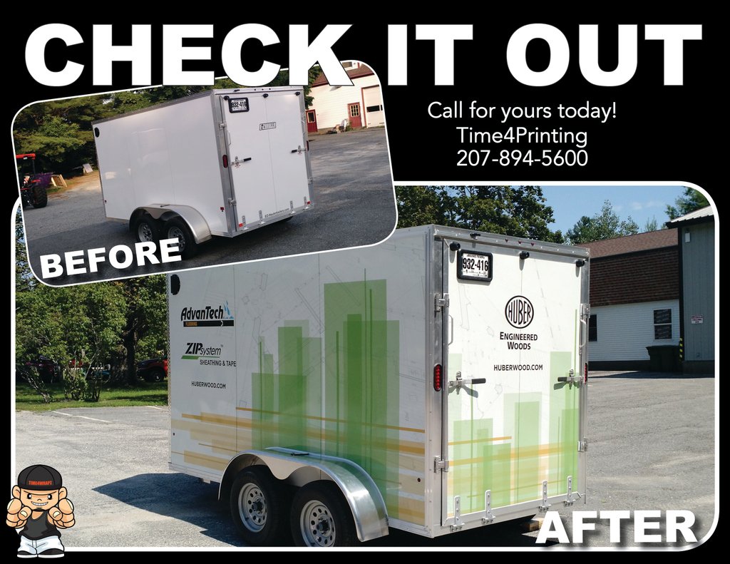 Time4Printing's tweet image. Great example of how clean and professional a trailer wrap can be to get brand recognition while being a mobile sign. Check out this Huber Engineered Woods trailer! Call to schedule yours today at 207-894-5600. #time4printing #trailergraphics #trailerwrap