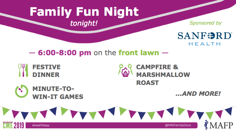 MNFamilyDocs's tweet photo. #MAFPAlex attendees: Don't miss our FREE Family Fun Night, tonight, 6-8 pm, @ArrowwoodResort, sponsored by @SanfordHealth! The evening includes dinner, Minute-to-Win-It games, a campfire & marshmallow roast & more. https://t.co/vLBmH696ps