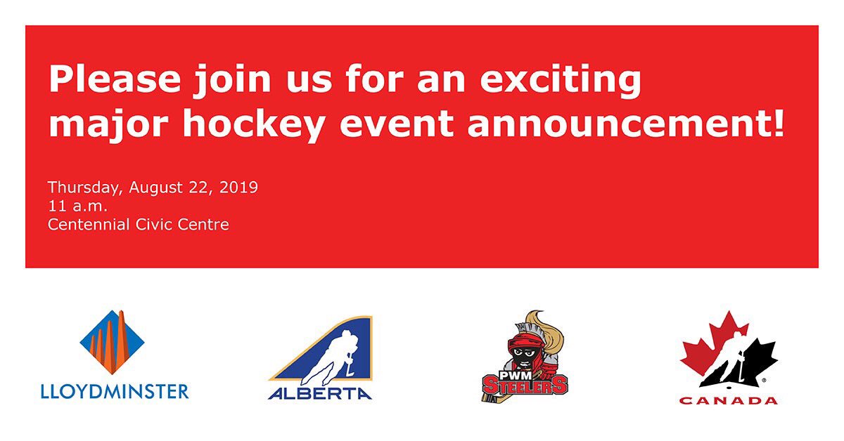 LloydSteelers's tweet photo. Something exciting is coming!  Join us and @cityoflloyd @HockeyAlberta @HockeyCanada on Thursday August 22 at 11 am at the Centennial Civic Area for all the details!!  See you there!!! 👀 https://t.co/EhUTnKh38l