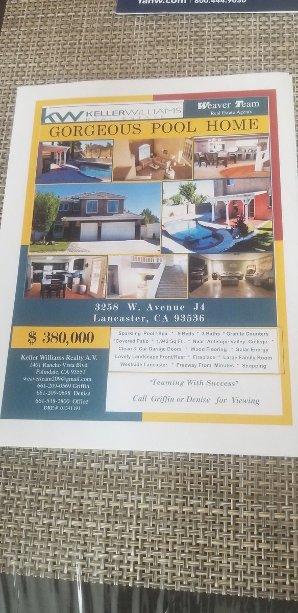 GLWeaver's tweet photo. Open House today on Saturday on 3258 W Avenue J4 Lancaster CA. Gorgeous Pool Home on 11am to 2 pm. Come viewing. #GriffsUpdate #RealEstate #WeaverTeam #OpenHouse https://t.co/SmfkFvZOvZ